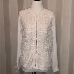 Plus size zip up sheer jacket with lace front